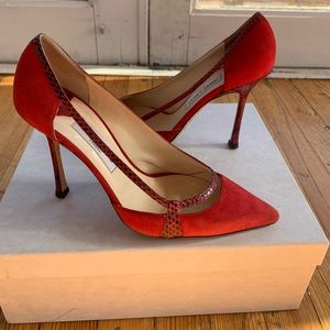 Size 39 (7) Red suede/red snake skin Jimmy Choo 3” heels